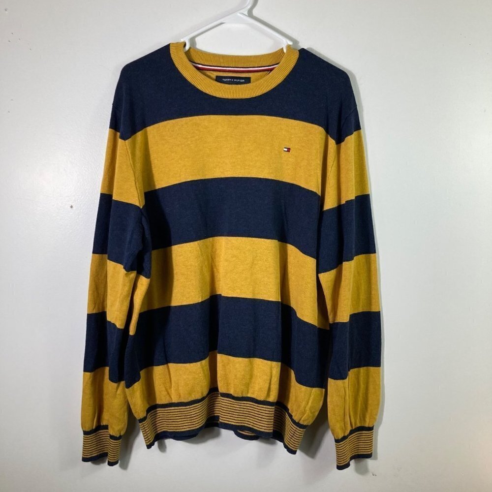 Mens Vintage Tommy Hilfiger Cotton Pullover Rugby Preppy Sweater Navy Yellow XL